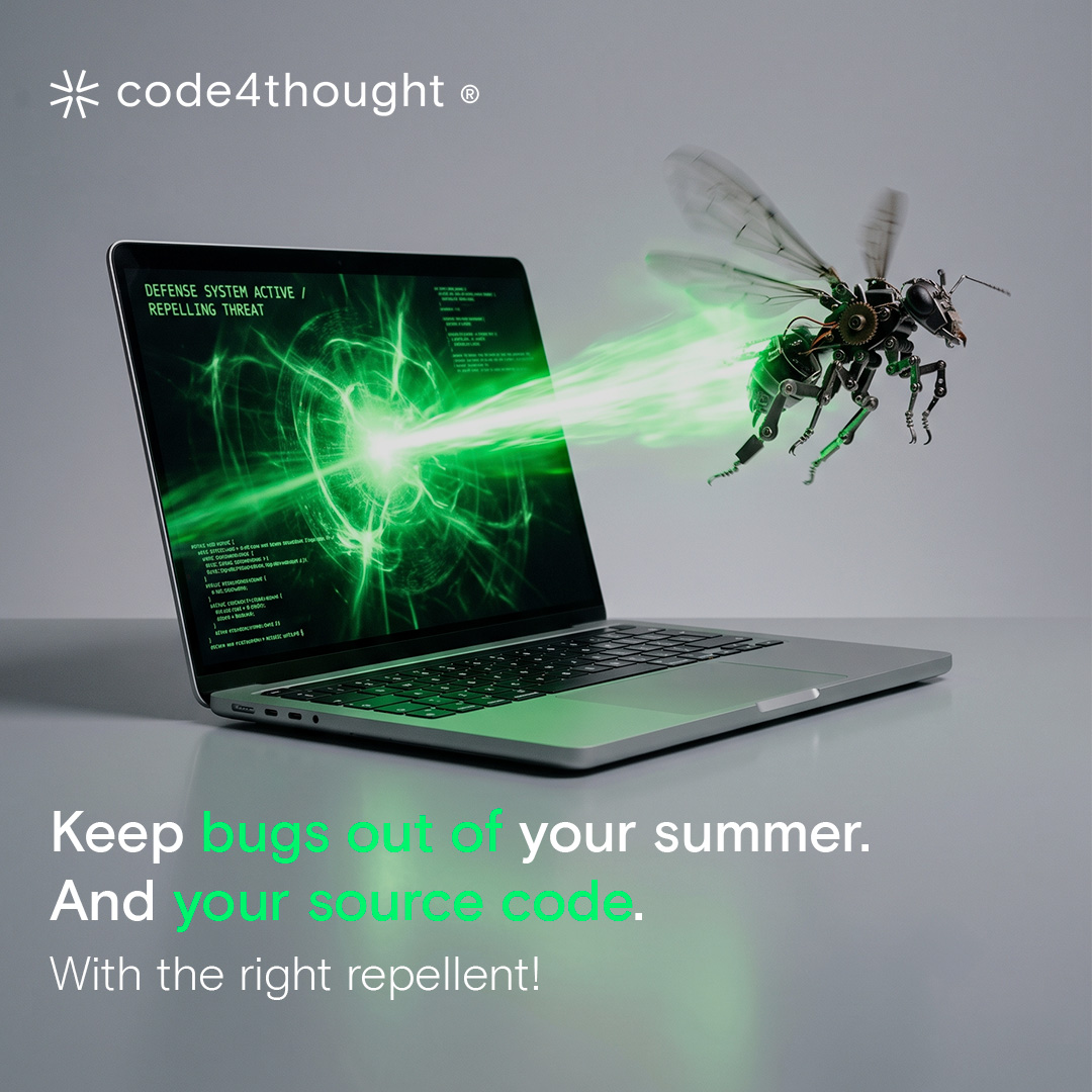 Code4thoughtE's tweet photo. For most people, bugs are just a seasonal summer annoyance. 🦟

For us at code4thought, keeping them away is a year-round job! 💻 Wishing you all a fantastic, relaxing, and completely bug-free summer!

#code4thought https://t.co/2bunO4dAI8