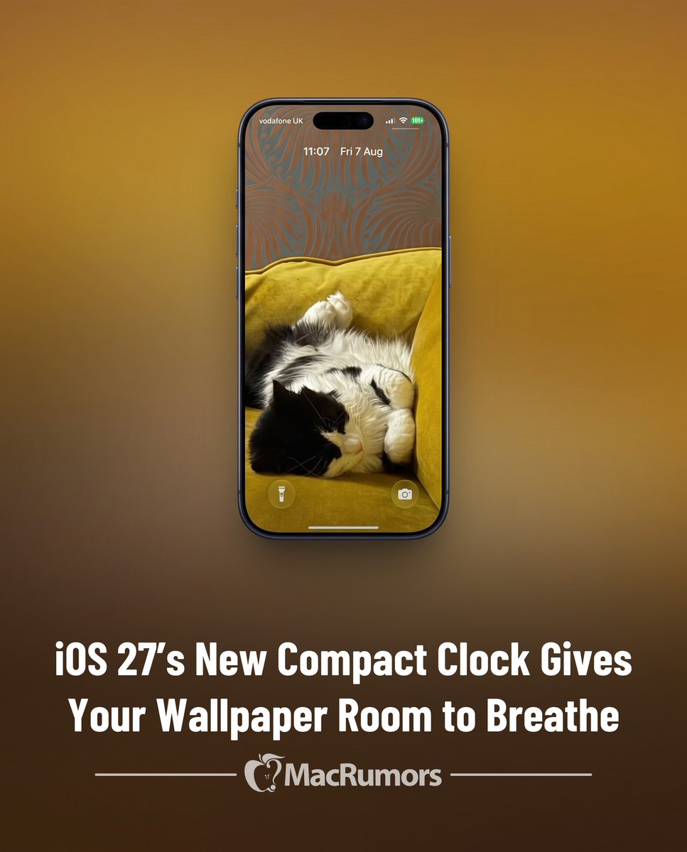 MacRumors's tweet photo. iOS 27's New Compact Clock Gives Your Wallpaper Room to Breathe https://t.co/CRUbfecbpa https://t.co/MznCaQgrAi