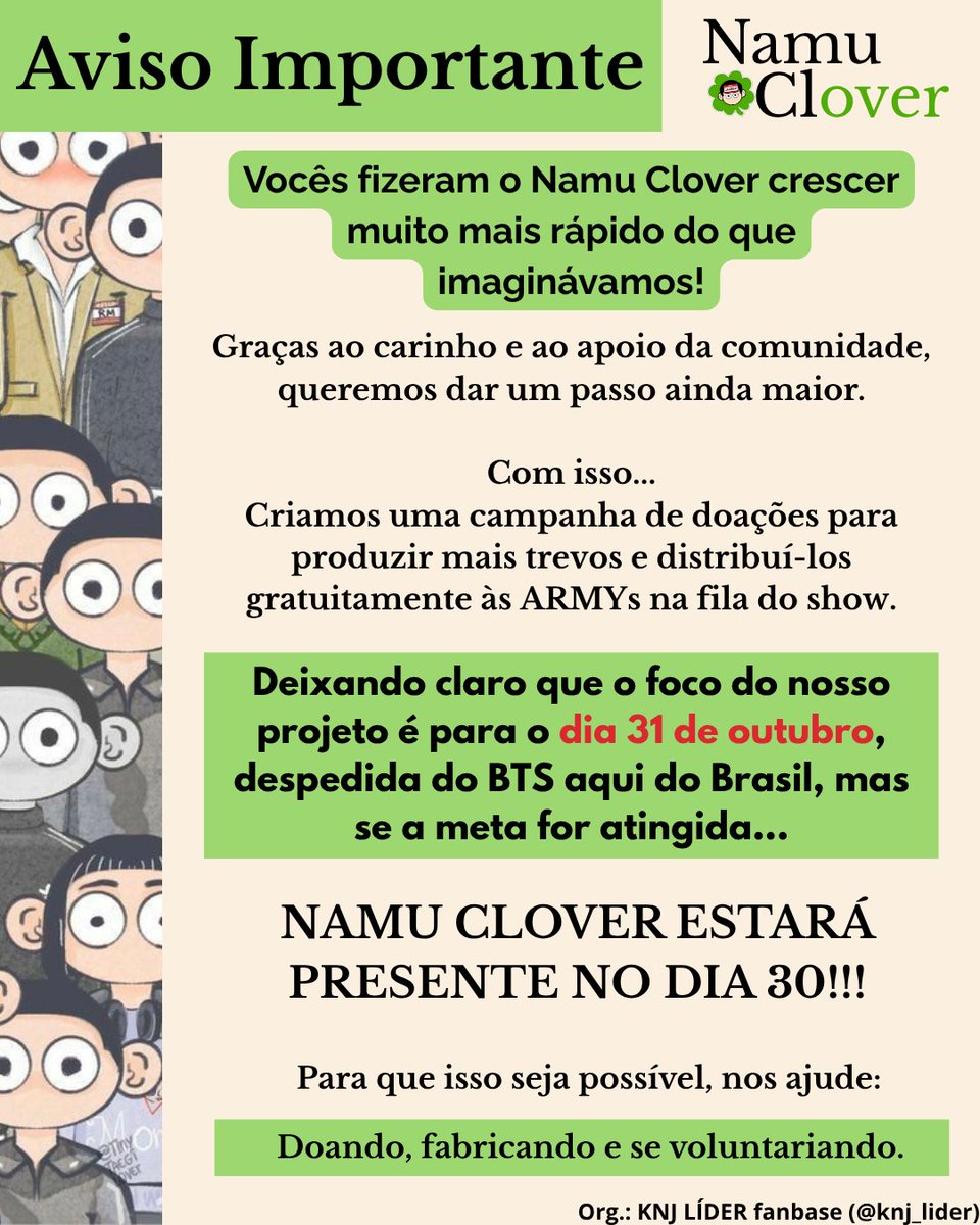 knj_lider's tweet photo. 🍀 O Namu Clover cresceu... e isso é graças a vocês! 💜

Desde o lançamento do projeto, temos recebido um carinho e um apoio que superaram todas as nossas expectativas. Cada compartilhamento, comentário e mensagem nos mostra que esse sonho está sendo construído por todo o ARMY. https://t.co/6yKpvsUBKA