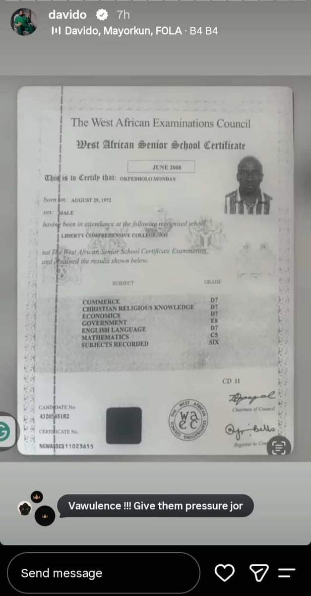 NigeriaStories's tweet photo. Davido trolls Edo State Governor Monday Okpebholo with his WAEC result after he talked about his uncle the Governor of Osun state https://t.co/x164bnYYsw