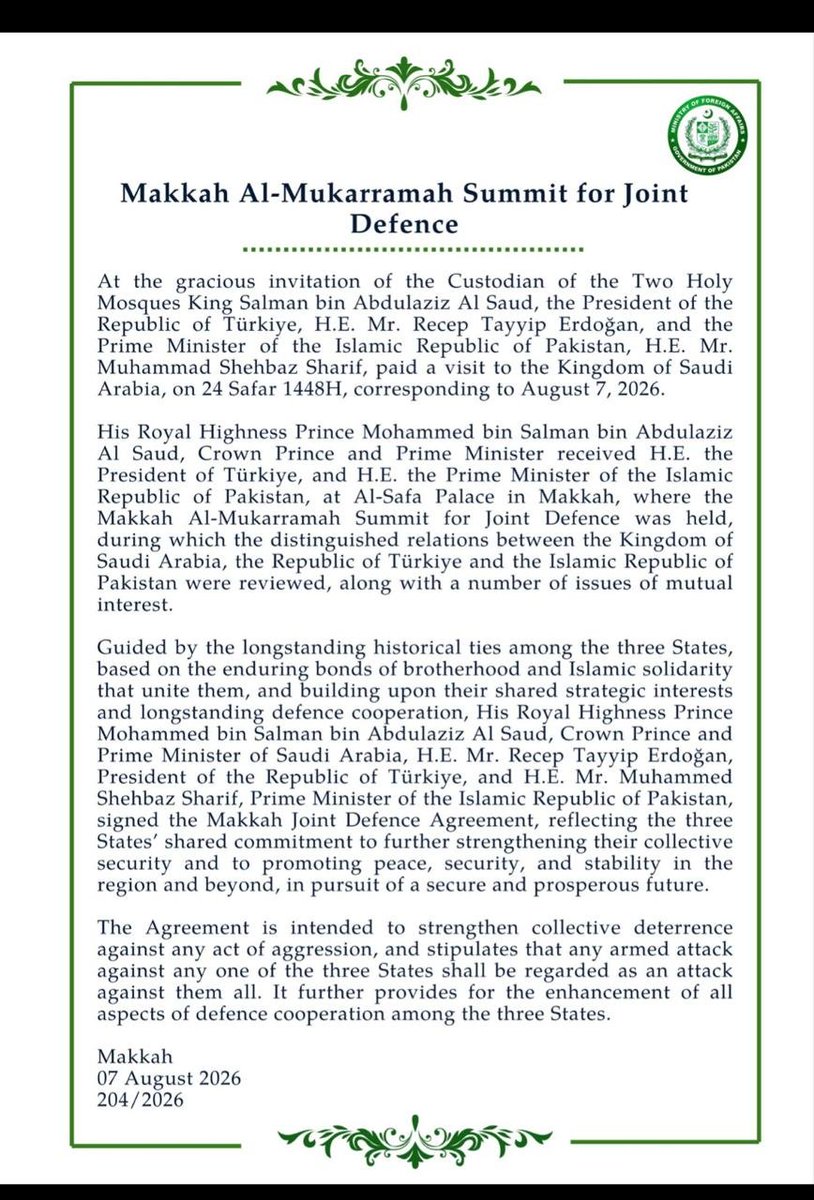 sidhant's tweet photo. "..Any armed attack against any one of the 3 states shall be regarded as an attack against them all.."

Pakistan, Saudi Arabia, Turkiye annouce "joint defence" https://t.co/JGVQTyEo5e
