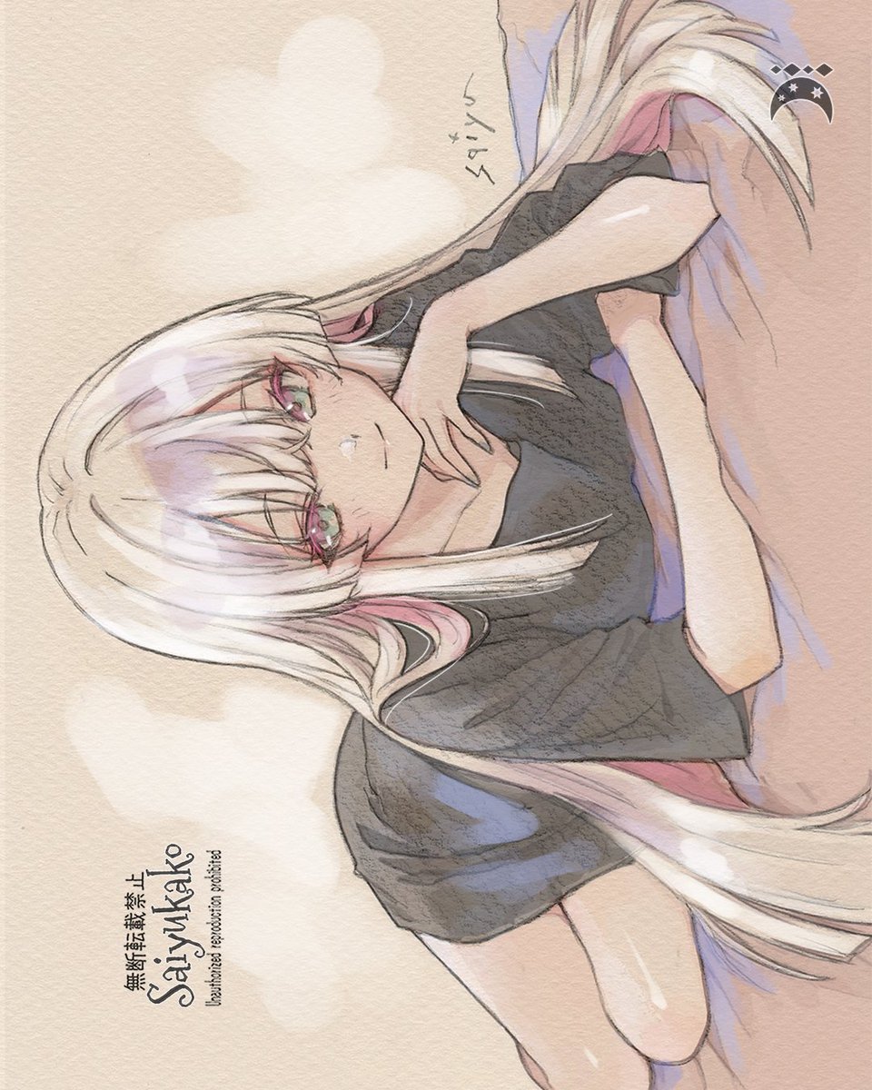 saiyukako's tweet photo. #超かぐや姫 🌙ヤチヨ 
#CosmicPrincessKaguya
※画面を横にして見て下さい︎

公式アニメ衣装のファンアート 〜ぶかぶかの黒Tシャツ
🎨 鉛筆  × ベージュの紙 × 彩色 https://t.co/MjDFVafLd9