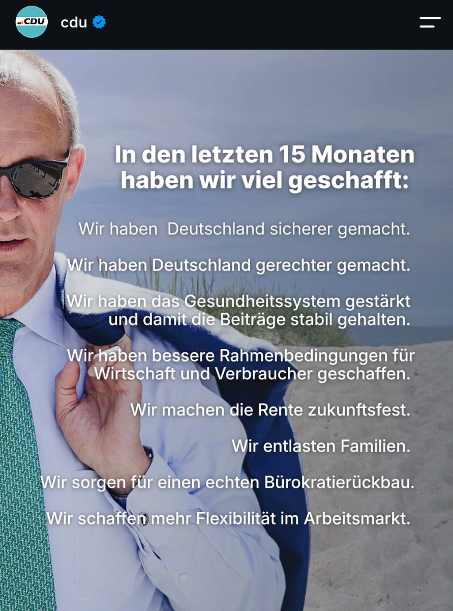 jreichelt's tweet photo. Für dieses Sharepic aus der Hölle der politischen Kommunikation könnte man die neue CDU-Generalsekretärin Franziska Hoppermann jetzt schon wieder feuern. Man kann in der ersten Arbeitswoche kaum deutlicher machen, dass man die neue Zeit, die neue Medienwelt und Social Media nicht verstanden hat. Kein Mensch in Deutschland glaubt diesen Schwachsinn noch. Kein Mensch in Deutschland findet diese Merz-Optik cool. Kein Mensch sagt doch: Oh ja, so hab ich das noch gar nicht betrachtet, gar nicht schlecht der Merz. Man kann seine vollständige Entkoppelung gar nicht deutlicher machen als mit dieser schrecklichen Insta-Kachel, wobei die Genies im Adenauerhaus es auch wieder schaffen, weiße Schrift auf weißen Grund zu stellen, aber sei's drum, so kann man die ganzen Lügen wenigstens nicht so gut lesen. Wer wirklich noch in diesem Zeitalter politischer Propaganda festhängt und nicht merkt, dass man Millionen Menschen dadurch nur noch wütender macht, sollte besser Schatzmeister bleiben und Cent-Stücke zählen. Mit diesem Sharepic hat Holperstolper-Hoppermann bisher mehr für die AfD getan als für die CDU.