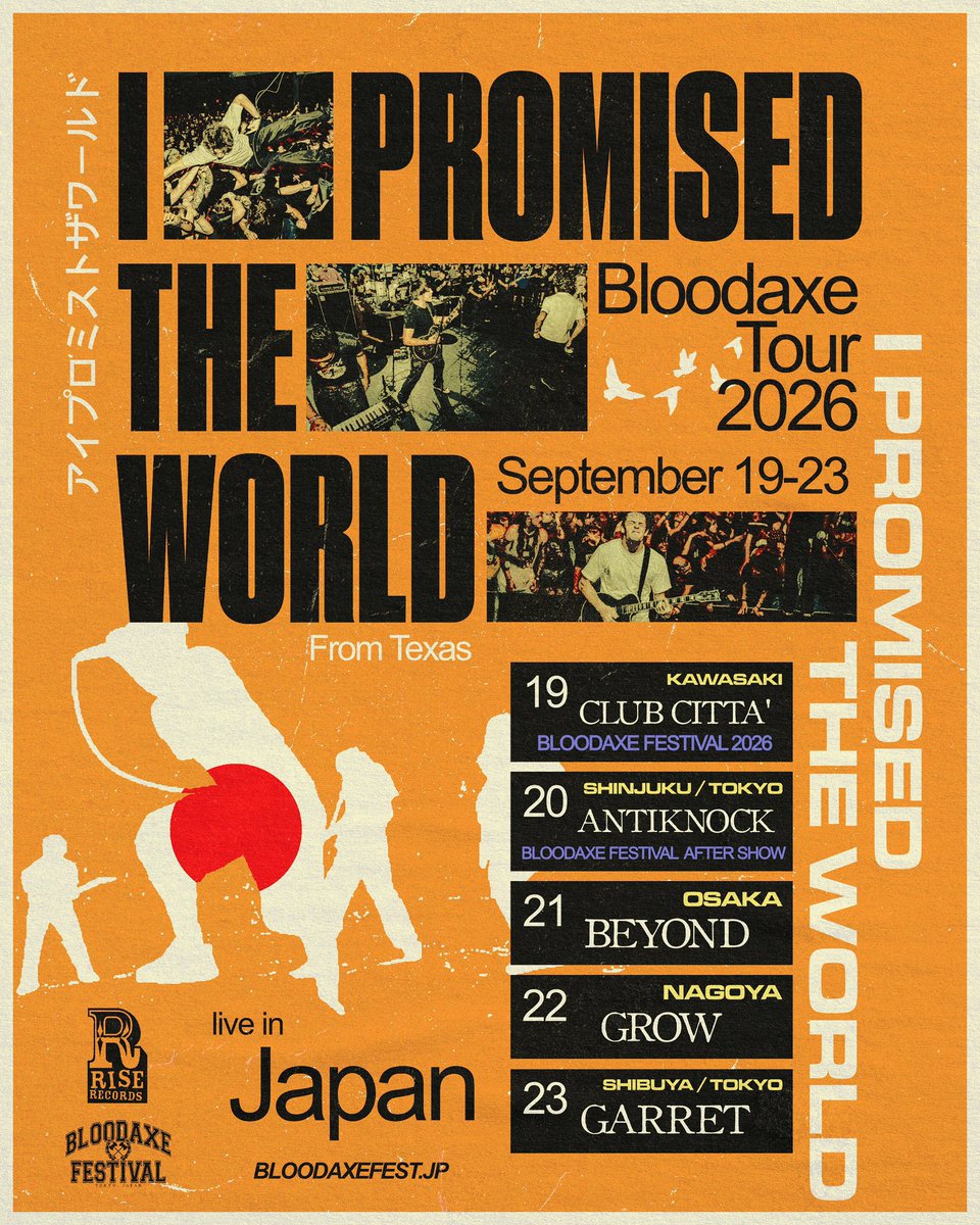 BloodaxeFest's tweet photo. 【NEWS】
BLOODAXE FESTIVAL 2026で初来日が決定しているUSテキサス出身のメタルコア／スクリーモ・バンド "I PROMISED THE WORLD" 単独ツアーも決定！

来日前に名盤1stアルバム日本盤がの発売も決定し、本国では既に物凄い人気で今後間違いなくさらにビッグになるであろう大注目の次世代バンド。

日本に来るのは1番の夢だと話してたくらい日本への思い入れが強く、リクエストもあり各地ライブハウス周らせてもらうので是非お待ちしてます！

::チケット情報::
8/8(土)10:00〜販売開始
■先行チケット: BLOODAXE公式STORE: 
https://t.co/d5OExeGlmp

■ Will Call for international customer: info@bloodaxefest.jp

Design by @kei__kimu_c 
Photo by Kevin O’Bryant (Kevoscope)