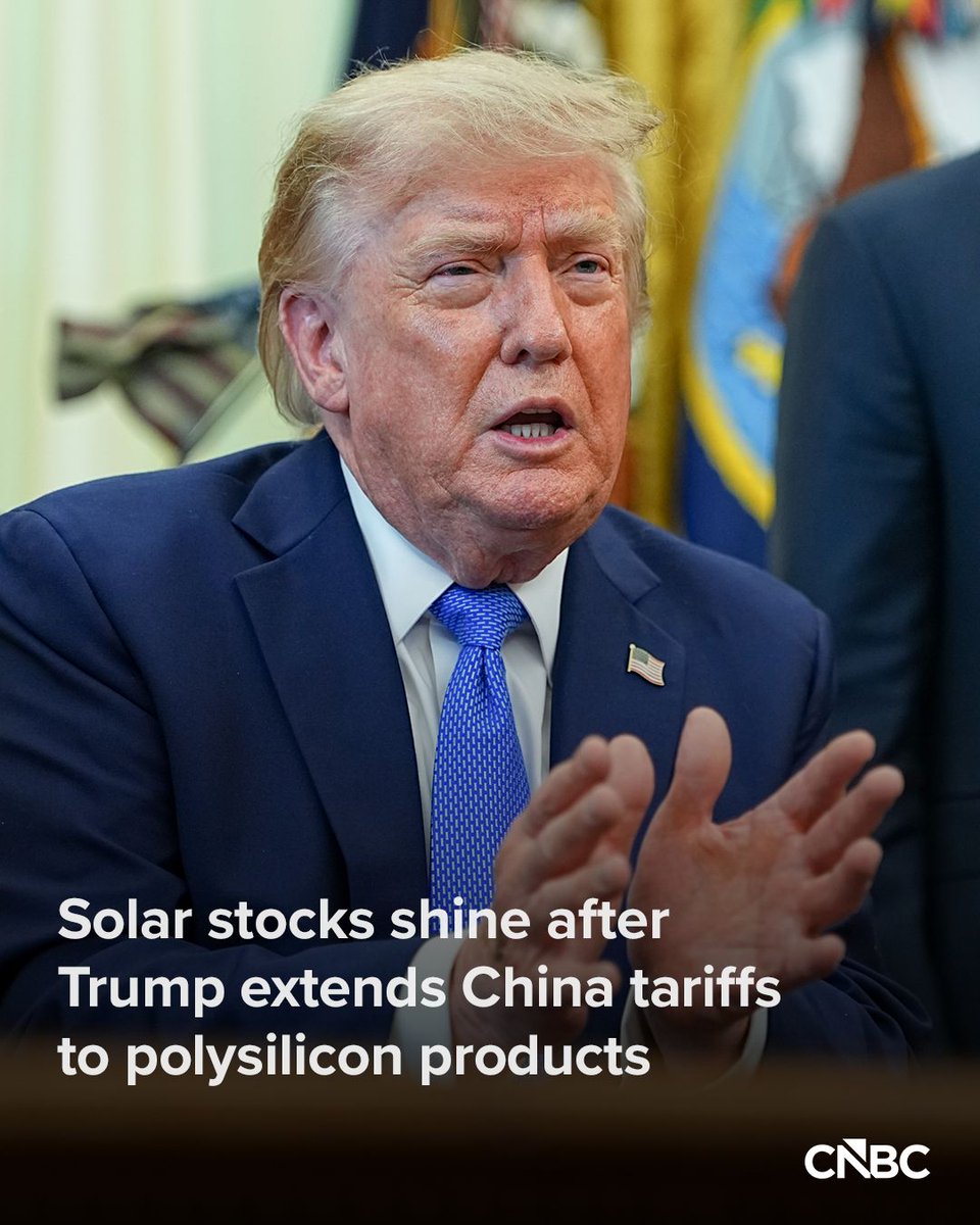 CNBC's tweet photo. U.S. solar stocks jumped in premarket trading Friday, after U.S. President Donald Trump opened a new front in his trade war with China, imposing new tariffs on imported products made from a key material used to make solar panels.

Read more: https://t.co/BSXcfxV1EN https://t.co/L2Bfv390ig