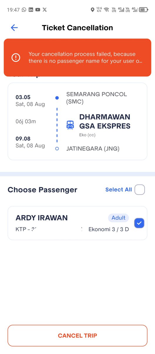 acel_cyrus's tweet photo. halo min @KAI121 mau nanya. Ini saya melakukan pembelian tiket kereta untuk teman saya di tanggal 6 Agustus kemarin untuk keberangkatan 8 Agustus 2026 relasi SMC-JNG, namun ketika ingin melakukan pembatalan malah tulisannya no passenger name for your user gitu. Mohon bantuannya🙏🏻 https://t.co/wNqAMTUNcv