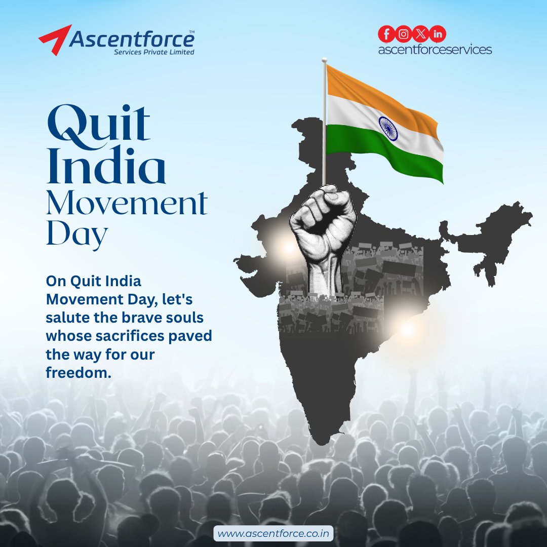 AscentforceLtd's tweet photo. Quit India Movement Day, let's salute the brave souls whose sacrifices paved the way for our freedom.

Let's honor their memory not just with words, but by building the India they dreamed of — united, strong, and proud. 🇮🇳

#QuitIndiaMovement #QuitIndiaMovementDay   #ProudIndian https://t.co/XdHTxgDIlp