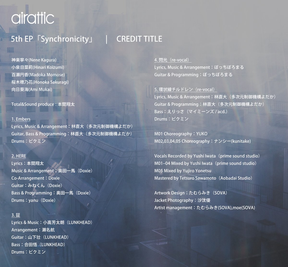 airattic's tweet photo. 【クレジット】
airattic 5th EP「Synchronicity」

■配信URL
https://t.co/Dbh4c9QE2B

01. Embers
Lyrics, Music & Arrangement：林直大（多次元制御機構よだか）(@hys_is_dead_ )

02. HERE
Lyrics：本間翔太(@btrstaff)
Music & Arrangement：奥田一馬（Doxie）(@kAzuMa12345)
Co-Arrangement：Doxie(@Doxie_band)

03. 証
Lyrics&Music：小高芳太朗（LUNKHEAD）(@odakayoshitaro)
Arrangement：瀬名航(@wataru_sena)

04. 閃光（re-vocal）
Lyrics, Music & Arrangement：ぼっちぼろまる(@borotchi )

05. 環状線チルドレン（re-vocal）
Lyrics, Music & Arrangement：林直大（多次元制御機構よだか）

クレジット詳細は画像欄にて