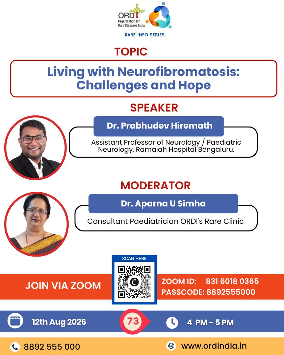 ORDIndia's tweet photo. Rare Info Series #73 💙
Join us as we explore “Living with Neurofibromatosis: Challenges and Hope.”
🎙️ Dr. Prabhudev Hiremath
🎤 Dr. Aparna U Simha
📅 12 Aug | 🕓 4–5 PM IST
#ORDI #Neurofibromatosis #RareDiseases #RareInfoSeries https://t.co/9BCT4NMgIc