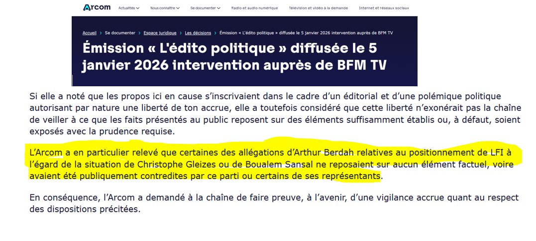 CWeillRaynal's tweet photo. A nouveau, l'@Arcom_fr s'immisce dans l'éditorial et tance une rédaction  - celle de BFMTV - au point qu'on en est à se demander si le gendarme de l'audiovisuel n'est pas en train de se muer en police de la pensée. 
L'Arcom reproche notamment au journaliste @arthurberdah d'avoir en janvier dernier mis en cause l'attitude de LFI dans l'affaire Boualem Sansal et affirme que ses critiques ne sont pas fondées. 
Il aurait été judicieux de la part de l'Arcom de reproduire dans son communiqué les propos d'Arthur Berdah afin que chacun puisse en juger.  
Cette lacune  fait songer à une justice totalitaire qui rend ses arrêts de manière confidentielle   selon le principe des lettres de cachet. 
Car malheureusement, la vidéo ou le texte de l'édito politique du journaliste ne sont aujourd'hui disponibles ni sur le site de @BFMTV, ni via les moteurs de recherche. 
Pour le reste, on retrouve plus facilement les déclarations et prises de position de LFI et de ses principaux dirigeants.  
En janvier 2025, les députés européens LFI ont refusé de s'associer à la résolution du Parlement Européen demandant la libération de Boualem Sansal. 
La députée Rima Hassan a même voté contre. 
En mai 2025, les députés LFI ont refusé de voter la résolution de l'Assemblée nationale demandant la libération de Boualem Sansal.
En juin 2025, le député Sébastien Deloglu s'est rendu en visite officielle à Alger où il a soigneusement évité d'aborder avec les autorités locales  la question de l'emprisonnement de Boualem Sansal. 
Fidèle à sa pratique du double langage, LFI a laissé entendre qu'elle souhaitait une libération de Boualem Sansal, mais toujours mezzo vocce, du bout des lèvres, de manière plus qu'ambiguë et dans des volumes homéopathiques.
Voilà pourquoi  on ne peut que s'interroger sur les arrières pensées idéologiques qui ont présidé au vote de la résolution de l'Arcom rendue publique ce 5 août qui désavoue un journaliste et donne raison au parti  d'extrême-gauche.