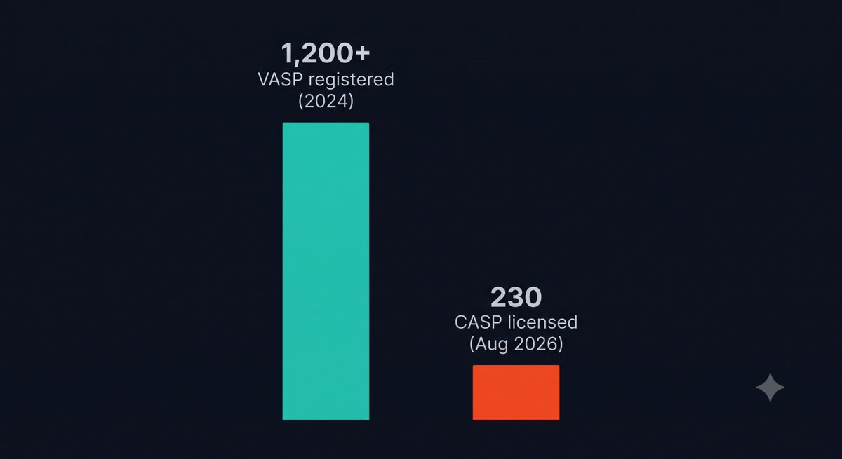 surge_dao's tweet photo. 🧵 The Regulatory Moat

On July 1st, 80% of Europe's crypto firms lost the legal right to serve their own market.

1,200+ held national registrations. Roughly 230 hold MiCA licenses today. The rest are gone.

The consolidation everyone predicted already happened. https://t.co/DUG7wBWhH4