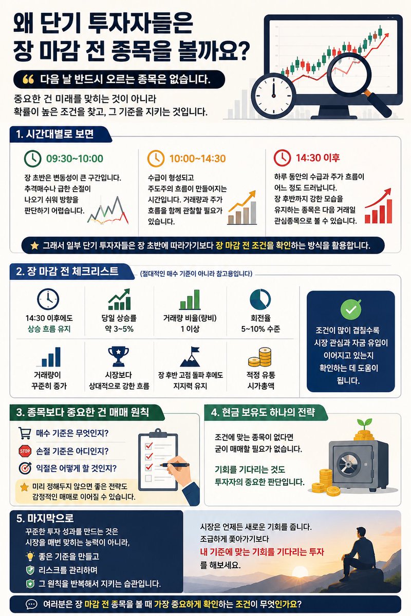 gudo0007's tweet photo. 왜 단기 투자자들은 장 마감 전 종목을 볼까요?

먼저 한 가지 분명히 말씀드리겠습니다.

다음 날 반드시 오르는 종목은 없습니다.

중요한 건 미래를 맞히는 것이 아니라
확률이 높은 조건을 찾고, 그 기준을 지키는 것입니다.
단기 매매에서 장 마감 전 흐름을 확인하는 이유도 여기에 있습니다.

시간대별로 보면

09:30~10:00
장 초반은 변동성이 큰 구간입니다.
추격매수나 급한 손절이 나오기 쉬워 방향을 판단하기 어렵습니다.

10:00~14:30
수급이 형성되고 주도주의 흐름이 만들어지는 시간입니다.
거래량과 주가 흐름을 함께 관찰할 필요가 있습니다.
14:30 이후
하루 동안의 수급과 주가 흐름이 어느 정도 드러납니다.
장 후반까지 강한 모습을 유지하는 종목은 다음 거래일 관심종목으로 볼 수 있습니다.
그래서 일부 단기 투자자들은
장 초반에 따라가기보다 장 마감 전 조건을 확인하는 방식을 활용합니다.

장 마감 전 체크리스트
아래 조건은 절대적인 매수 기준이 아니라 참고용입니다.
✅ 14:30 이후에도 상승 흐름 유지
✅ 당일 상승률 약 3~5%
✅ 거래량 비율(량비) 1 이상
✅ 회전율 5~10% 수준
✅ 거래량이 꾸준히 증가
✅ 시장보다 상대적으로 강한 흐름
✅ 장 후반 고점 돌파 후에도 지지력 유지
✅ 적정 유통 시가총액

조건이 많이 겹칠수록
시장 관심과 자금 유입이 이어지고 있는지 확인하는 데 도움이 됩니다.
하지만 여기서 더 중요한 것이 있습니다.
종목보다 중요한 건 매매 원칙

좋은 종목을 찾는 것만으로는 충분하지 않습니다.
매수 기준은 무엇인지
손절 기준은 어디인지
익절은 어떻게 할 것인지

미리 정해두지 않으면 좋은 전략도 감정적인 매매로 이어질 수 있습니다.

그리고 현금 보유 역시 하나의 전략입니다.

조건에 맞는 종목이 없다면 굳이 매매할 필요가 없습니다.
기회를 기다리는 것도 투자자의 중요한 판단입니다.
결국 꾸준한 투자 성과를 만드는 것은
시장을 매번 맞히는 능력이 아니라,
좋은 기준을 만들고
리스크를 관리하며
그 원칙을 반복해서 지키는 습관입니다.
시장은 언제든 새로운 기회를 줍니다.
조급하게 쫓아가기보다
내 기준에 맞는 기회를 기다리는 투자를 해보세요. 
여러분은 장 마감 전 종목을 볼 때
가장 중요하게 확인하는 조건이 무엇인가요?