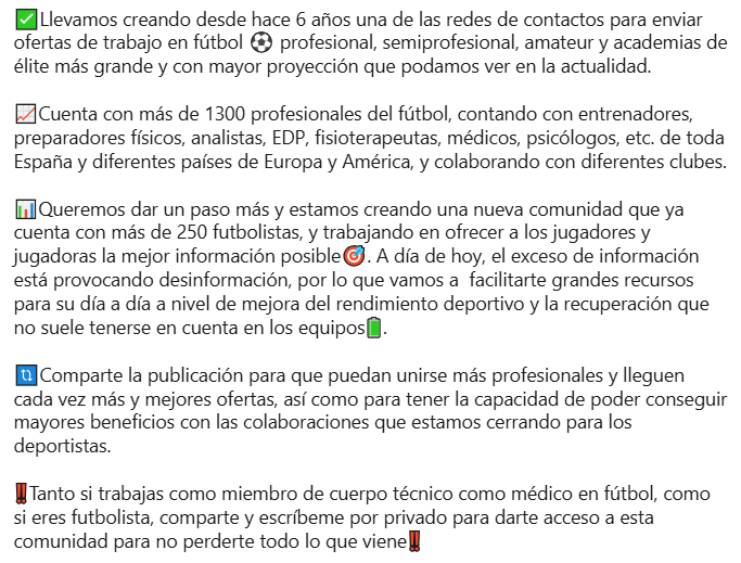 23Adriansanchez's tweet photo. PROYECTO⚽️CONTACTOS FÚTBOL⚽️

✅Ofertas de trabajo y contactos a nivel profesional, semi, amateur y academias de élite en toda España y a nivel internacional.

ℹ️Información y recursos esenciales para futbolistas.

➡️Comparte y escríbeme por privado para acceder a la comunidad❗️ https://t.co/stcwp4cgDg