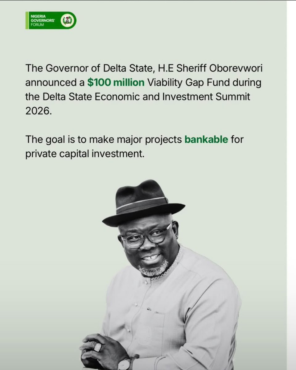 Kokodivi's tweet photo. Delta State is creating the right environment for investment to thrive. The $100 million Viability Gap Fund is a bold step toward unlocking infrastructure, creating jobs, and driving sustainable economic growth. #MOREAgenda #investdelta #deltastate https://t.co/9xK2txjgCa