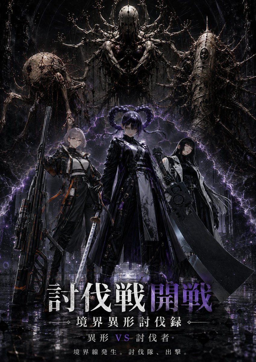 1000NIN4's tweet photo. 《境界異形討伐録》

異形 VS 討伐者

ただいまより、討伐戦開戦‼︎‼︎

異形会場：
@_SINLA_

討伐者会場：
@1000NIN4

▶︎投稿には #異形討伐録 を記載クダサイ。

8.8 0:00 開戦
8.9 23:59 閉幕

異形を生み出す者は、境界の向こう側へ。
異形を狩る者は、武器を手にこちら側へ。

開催期間中に投稿された両陣営の作品、その**「いいね」総数**によって勝敗を決定する。

一体でも多く、討ち取れ。

境界線ハ、既ニ破ラレタ。

討伐戦、開始。

本部からの返信は"可能な限り"
対応致します。

#境界異形討伐録