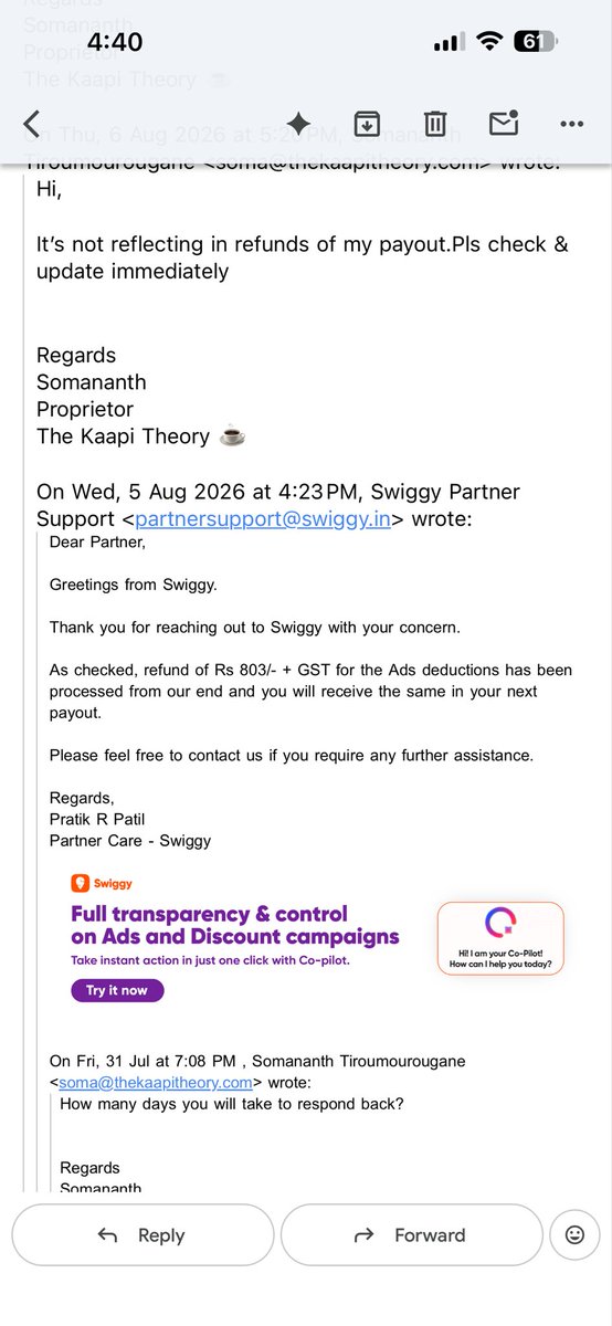 somadares's tweet photo. @SwiggyCares Dear @SwiggyCares, this is unacceptable. Your support confirmed that my ₹803 + GST Ads deduction refund would be reflected in my next payout, but it still hasn’t been credited. I’ve been following up for days with no resolution @harshamjty https://t.co/WGnsCU8OPl