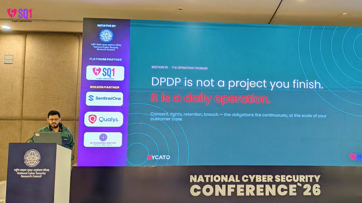 sq1_security's tweet photo. Highlights from #NCSC2026 Hyderabad! The SQ1 Security team engaged in insightful discussions on AI security, cyber resilience, privacy, and trust in the digital era.

#CyberIndia2030 #CyberSecurity #SQ1Security https://t.co/V3j4hAqdOJ