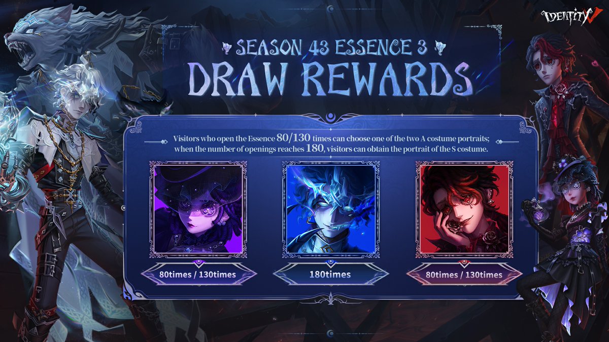 GameIdentityV's tweet photo. Dear Visitors,
Season 43 Essence 3 Portrait Reward is here!
Every pull brings you closer to stunning character portraits. Good luck! 🍀

#IdentityV https://t.co/aD8QMFCeJa