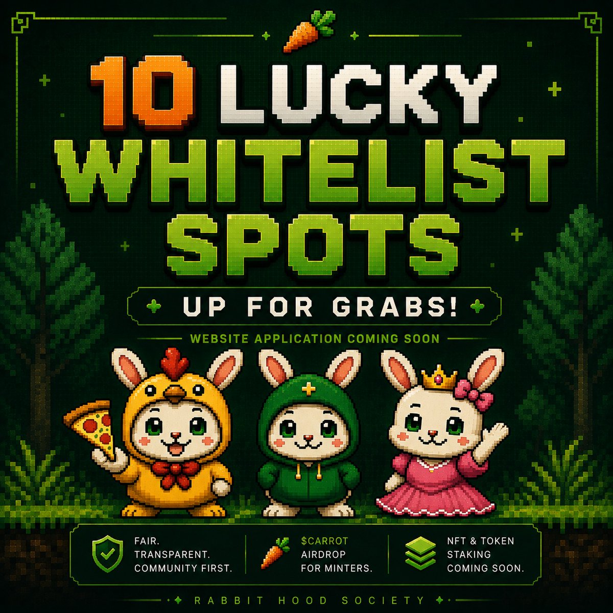 RabbithoodHQ's tweet photo. The Whitelist application page is almost ready. 🥕🐰

Once it's live, everyone will be able to apply through our website.

But until then...

We're giving 10 lucky people a guaranteed Whitelist spot right here on X. 👀

To enter:
🐰 Follow @RabbithoodHQ 
❤️ Like this post
🔁 RT
💬 Drop your wallet address below

The burrow opens soon. Good luck. 🥕

#NFT #Whitelist #Web3 #Robinhood