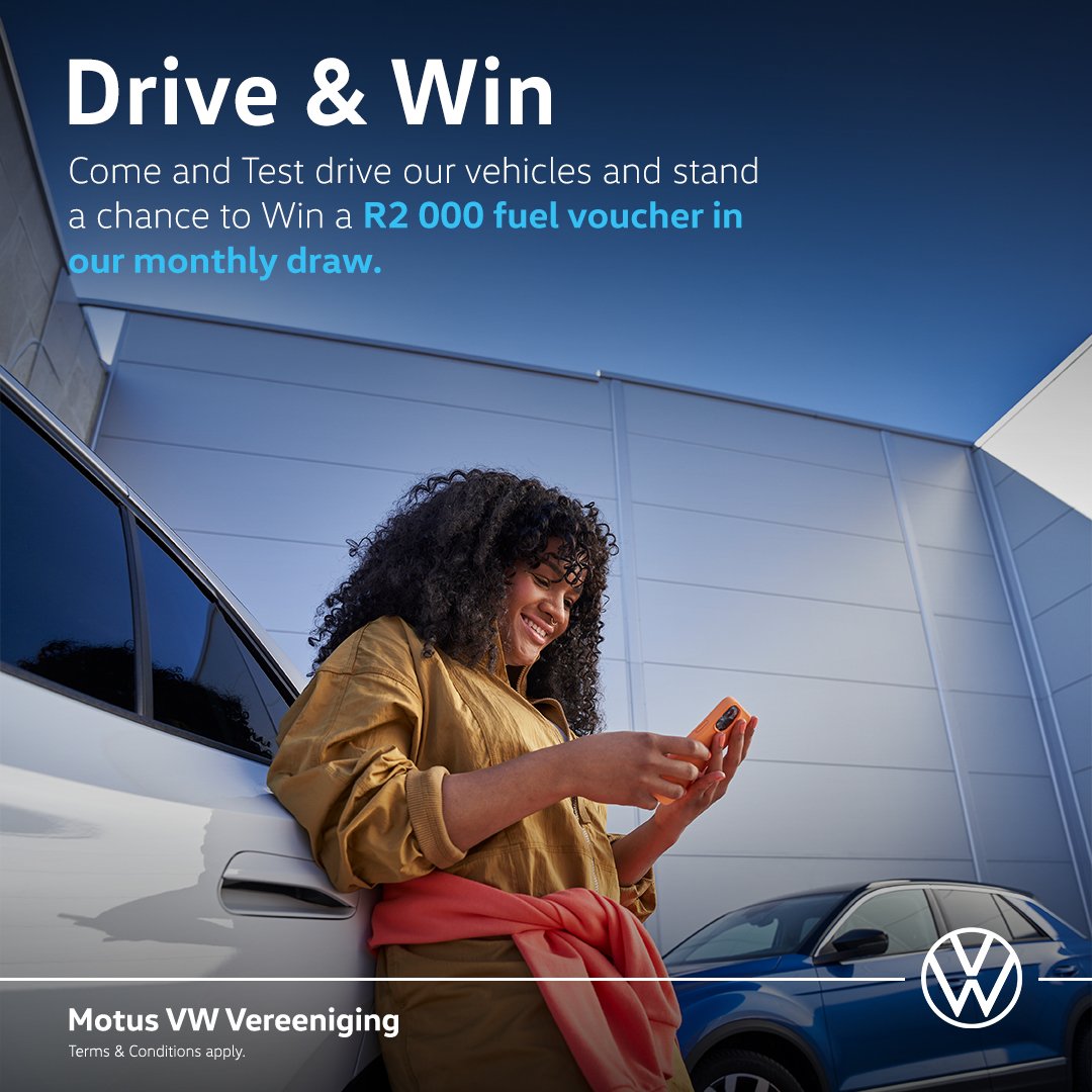 Lekoafm91's tweet photo. DRIVE &amp; WIN with Motus VW Vereeniging! 🚗💨*

Come test drive any VW and stand a chance to *WIN a R2 000 fuel voucher* in our monthly draw!

Book your test drive today. 

T&amp;Cs apply.

#DriveAndWin #MotusVWWaal #VWSA

#TheHeartBeatOfTheVaal https://t.co/XHeDVWMYCC