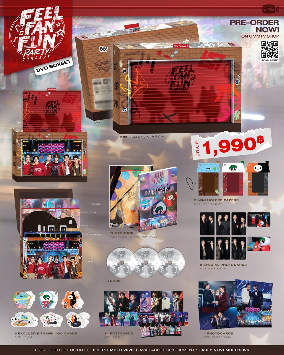 BounPrem_TH_OFC's tweet photo. [07.08.2026] IG updated : gmmtv

#FFFPartyConcert2026
#BounPrem #bb0un #prem_space 

PRE-ORDER NOW! DVD BOXSET FEEL FAN FUN PARTY CONCERT ON GMMTV SHOP

DVD บันทึกภาพการแสดงสด “FEEL FAN FUN PARTY CONCERT” แฟนมีตติงของ เอิร์ท พิรพัฒน์, มิกซ์ สหภาพ, เฟิร์ส คณพันธ์, ข้าวตัง ธนวัฒน์, บุ๋น นพณัฐ และเปรม วรุศ ที่ร่วมกันสร้างโมเมนต์แห่งความสุข ความสนุก และความประทับใจไว้บนเวทีเดียว กับโปรดักชัน แสง สี เสียงสุดอลังการ พร้อมโชว์ร้องและเต้นสุดพลังที่ถ่ายทอดเคมีและเสน่ห์ของทั้ง 6 คนได้อย่างเต็มอิ่ม พาทุกคนดื่มด่ำไปกับทุกอารมณ์ ตั้งแต่เสียงหัวเราะ รอยยิ้ม ไปจนถึงช่วงเวลาสุดซาบซึ้ง ควรค่าแก่การสะสม เพราะทุกความประทับใจทั้งเบื้องหน้าและเบื้องหลัง ถูกรวบรวมไว้ในรูปแบบ DVD โดยคัดเลือกซีนที่ดีที่สุดและเพลงพิเศษจากการแสดงสดทั้ง 2 รอบมารวมเป็นโชว์ที่สมบูรณ์ที่สุดครบทุกเพลง และของแถมสุดพิเศษที่มีแค่ใน BOXSET นี้ เท่านั้น!

The official live performance DVD of “FEEL FAN FUN PARTY CONCERT”, the fan meeting of Earth Pirapat, Mix Sahaphap, First Kanaphan, Khaotung Thanawat, Boun Noppanut and Prem Warut, who came together to create moments of happiness, fun, and lasting impression all on one stage. Packed with powerful vocal and dance performances that showcased the chemistry and charm of all six, set against a spectacular production of lights, colors, and sound that took everyone through every emotion, from laughter and smiles to the most heartfelt moments. Every precious moment of joy, warmth, and genuine emotion has been compiled into a DVD BOXSET truly worth collecting, featuring every unforgettable highlight both on and off stage, handpicked from the best scenes and exclusive songs across both shows, brought together into the most complete show possible, plus exclusive gifts available only in this BOXSET!

Pre-order opens now until September 6, 2026. 
All purchase orders will be shipped sequentially starting from early November 2026.

Price: 1,990฿

#GMMTV

📍 https://t.co/jk0WEhuT1O