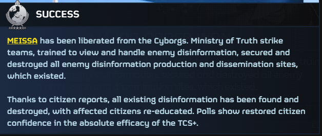 AdvancerAdva's tweet photo. Major Order has concluded in success!

MEISSA has been successfully liberated and all Cyborg disinformation materials has been secured and destroyed!

#Helldivers2 | #Helldivers | #Helldivers2GalacticWar https://t.co/NjBakOh68D
