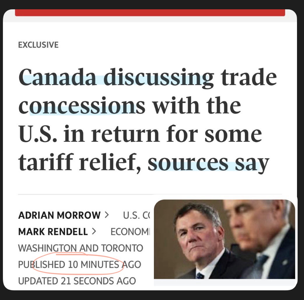 MelissaLMRogers's tweet photo. As expected, CANADA is getting ready to give in and GIVE UP some concessions to the United States 👀 Not sure how Elbows Up will deal with this 🇨🇦 https://t.co/SE5tSGzwCN