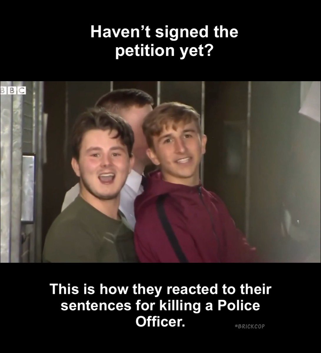 Brick_Cop's tweet photo. Why should you sign PC Harper’s petition?

Because this is how two of his killers behaved when they received their sentences.

Laughing and joking about killing a Police Officer. Absolutely disgusting.

Thank you so, so much for signing and sharing the petition.

#ThinBlueLine 🚨 https://t.co/jPrfPHtS2Y