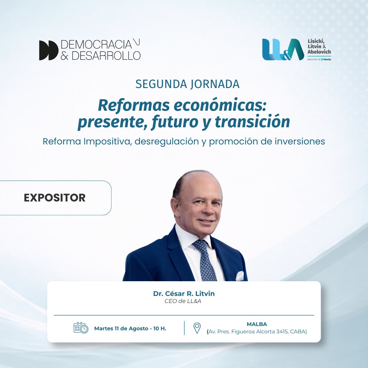 lisickilitvin's tweet photo. 🎤 Las reformas económicas y la competitividad estarán en el centro del debate en una nueva edición de Clarín Eventos.

El ciclo "Democracia y Desarrollo" reunirá a referentes del ámbito público y privado para analizar los desafíos vinculados con la inversión, la desregulación y el crecimiento económico.

💬 @CRLitvin, CEO de Lisicki, Litvin & Abelovich, participará del panel "Reformas económicas: presente, futuro y transición", donde compartirá su visión sobre la reforma impositiva y la promoción de inversiones junto a Nadín Argañaraz, Luciano Laspina, Gerardo Martínez y Daniel Funes de Rioja.

📅 Martes 11 de agosto | 10:15 h
📍 MALBA – Av. Pres. Figueroa Alcorta 3415, CABA