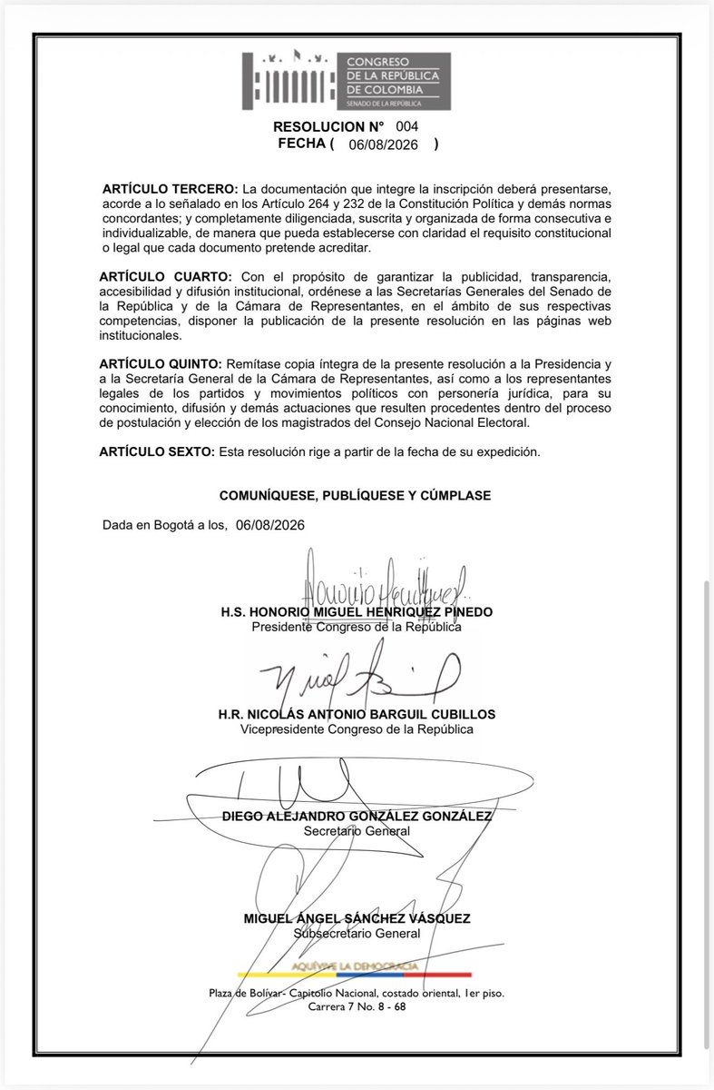 SecreCamaraCol's tweet photo. #ATENCIÓN | El Congreso de la República de Colombia abre convocatoria para la elección de Magistrados del Consejo Nacional Electoral. Este es el cronograma del proceso, inscripción, revisión y elección. https://t.co/LJDymTDTOY
