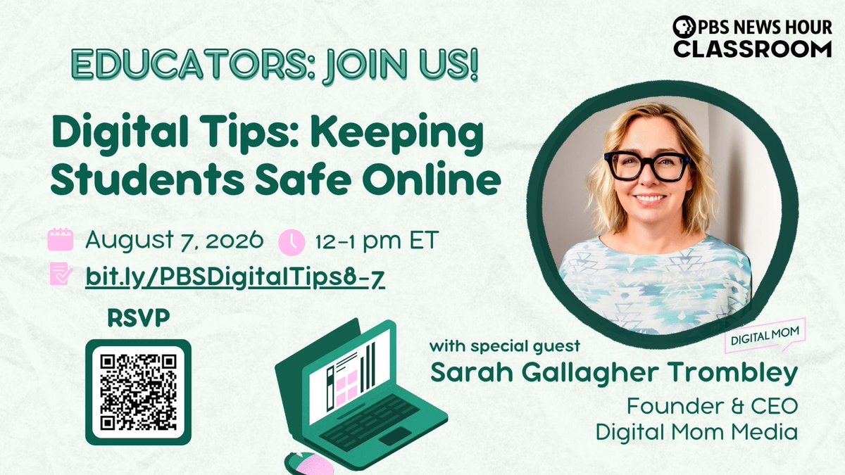 NewsHourExtra's tweet photo. Educators and parents/guardians — still time to sign up!

Join this live discussion TODAY at 12pm ET on digital tips to keep your kids safe online w/ Sarah Gallagher Trombley, a.k.a. Digital Mom 📲 and PBS @NewsHour Classroom!

RSVP: https://t.co/nW1JEUONPx https://t.co/x6SJUxHjFp