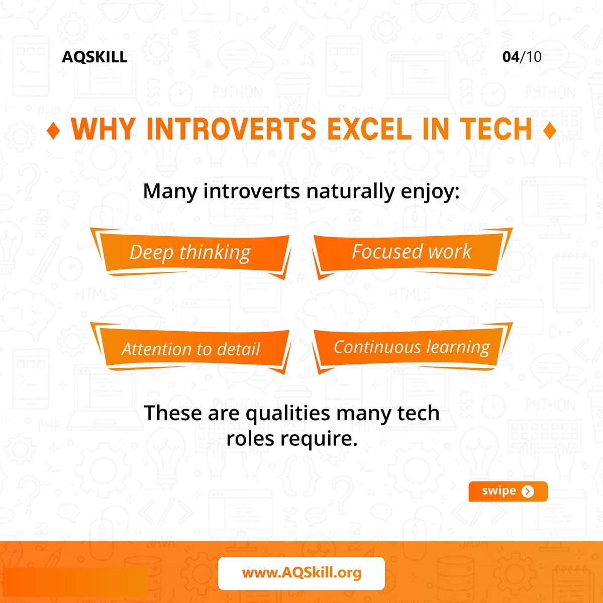 AQskill's tweet photo. “ I’m an introvert, so maybe tech isn’t for me.”

If you’ve ever thought that, it’s time to let go of the myth.

Some of the most successful people in tech aren’t the loudest in the room, they’re the ones who think deeply, solve problems creatively, and keep learning.

#AQSkill https://t.co/lMgbdiys76