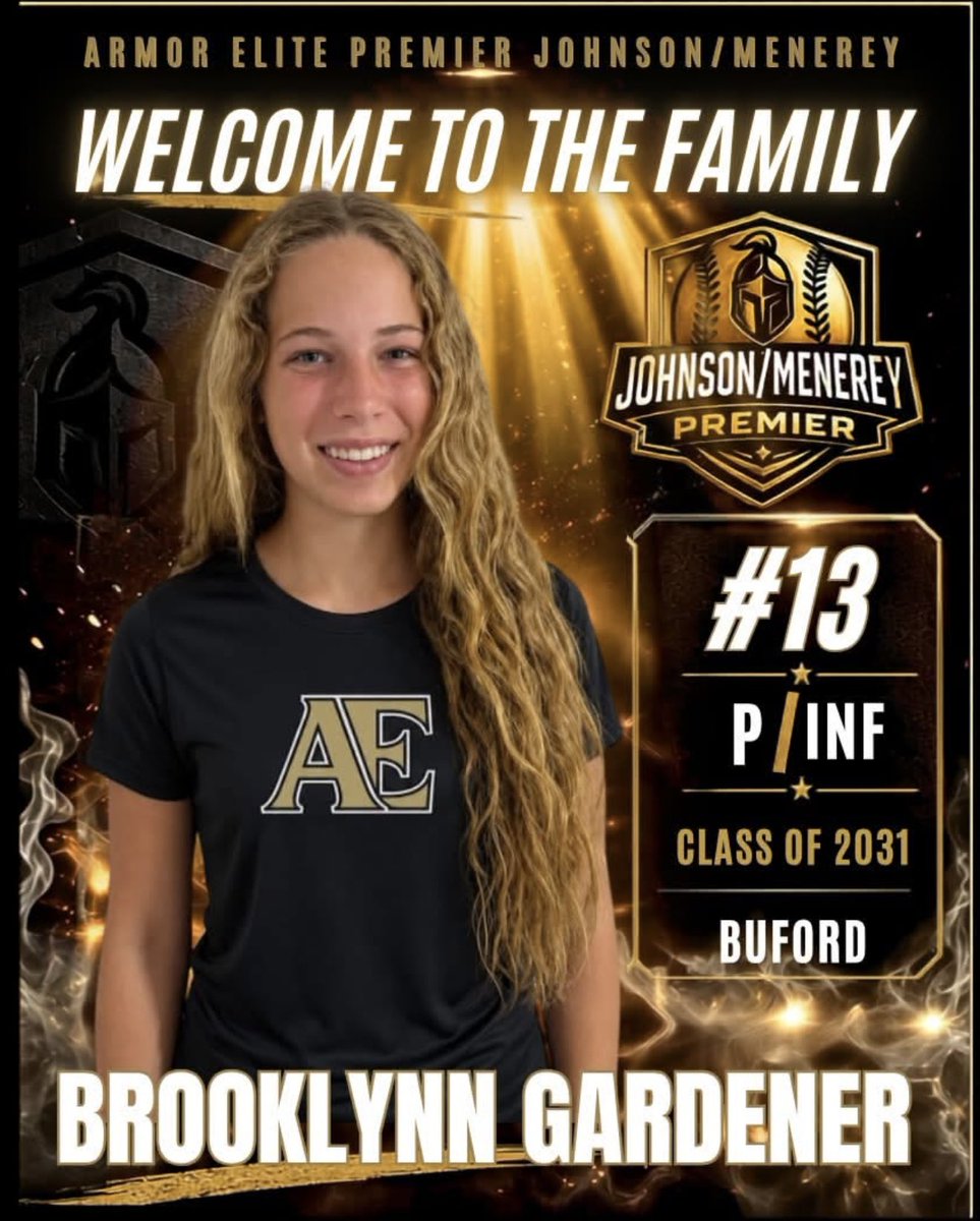 AEPremierJM's tweet photo. ⚔️ ROSTER ANNOUNCEMENT⚔️
Welcome 2031 P/CIF Brooklyn Gardener from Buford, GA to Armor Elite Premier💛🖤
Brooklynn brings an infectious energy that changes the game from the very first pitch.

A true power threat at the plate, she’s known for dropping bombs and creating chaos for opposing defenses every time she steps into the batter’s box. Combined with her high softball IQ and aggressive instincts on the bases, Brooklynn is the type of player who can shift momentum in a single inning.
Defensively, from the mound to infield, she’s a wall at first base and brings confidence wherever she’s needed on the field. She embraces competition, thrives alongside talented teammates, and continues to elevate her game every time she takes the field.

What truly sets Brooklynn apart is her contagious smile and positive energy. No matter the moment, she competes with joy, uplifts those around her, and plays the game with a passion that’s impossible to miss.

We’re beyond excited to welcome Brooklynn to the Armor Elite family.

Welcome to the family, Brooklynn! 🛡️💛

#ArmorUp #BeElite
@ArmorEliteFP