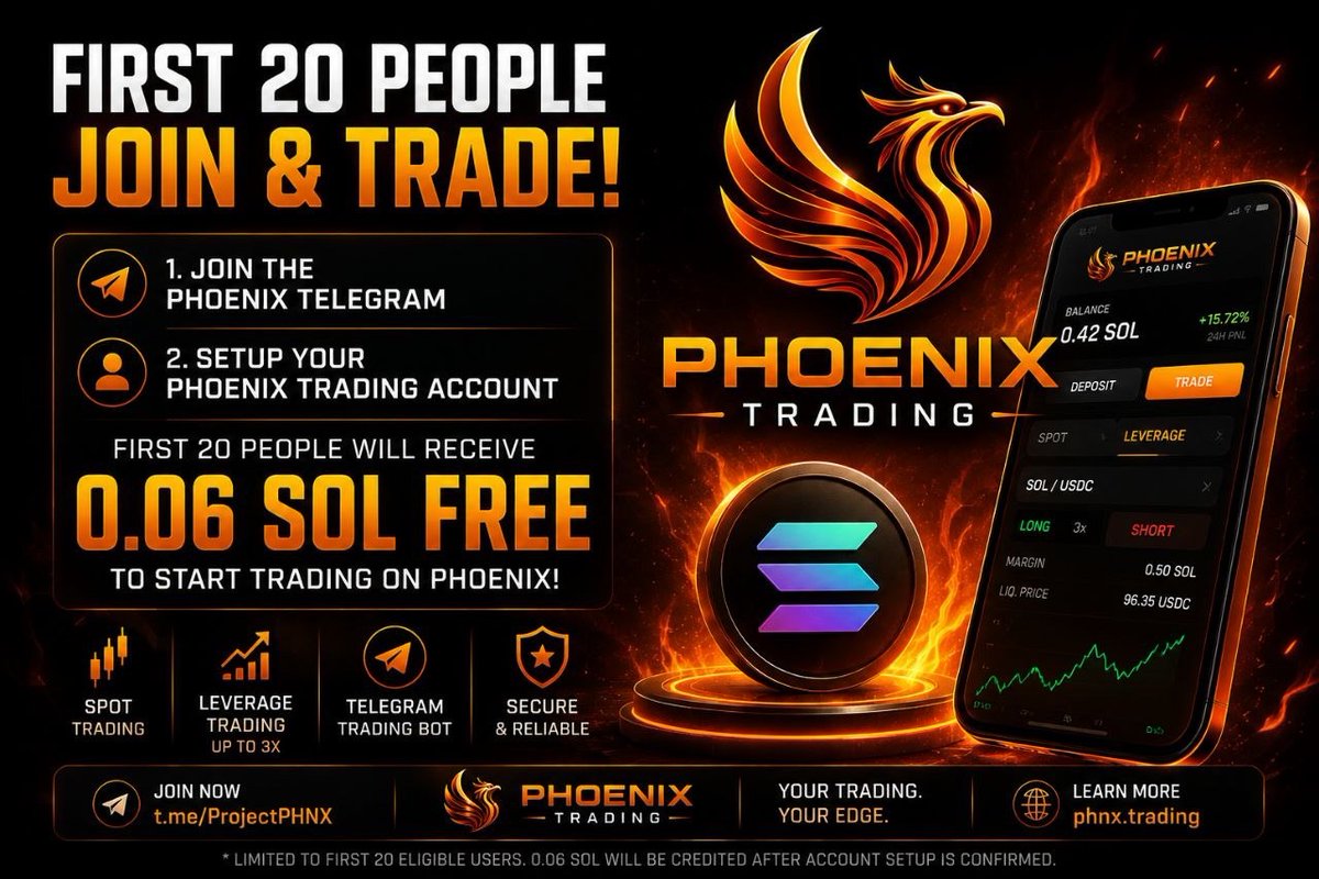 PHNXTrading's tweet photo. First 20 traders get 0.06 SOL to try Phoenix. 🐦‍🔥

We want more traders putting Phoenix Leverage to the test, so we’re funding your first go.

How to claim:
• Start Phoenix and create your trading wallet
• Copy your new wallet address
• Reply to this post with it

We’ll send 0.06 SOL to the first 20 eligible wallets  enough to cover the 0.05 SOL minimum margin plus some network fees.

You can then open a leveraged position of up to 3x on supported Solana tokens.

Start here: https://t.co/oZXse6tXeF

TG: https://t.co/PiF6I7dylB