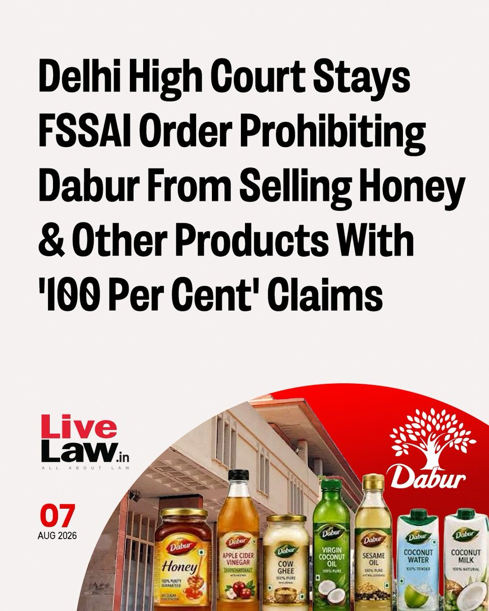 LiveLawIndia's tweet photo. The Delhi High Court on Friday stayed an order passed by the Food Safety and Standards Authority of India (FSSAI) prohibiting Dabur India from selling food products like honey, cow ghee and edible oils with "100 per cent" claims.

Read more: https://t.co/3wmjDFLfZc https://t.co/uXg6OztTs6