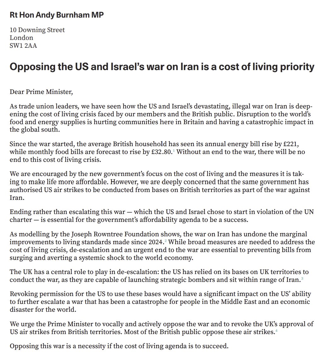 declassifiedUK's tweet photo. Ten trade unions, including the UK’s largest union UNISON, have called on UK prime minister Andy Burnham to revoke permission for US air strikes on Iran launched from RAF bases.

Read the full release at @TransitionSec:
https://t.co/hdNRkBxIsK https://t.co/gNjiyo4GKM