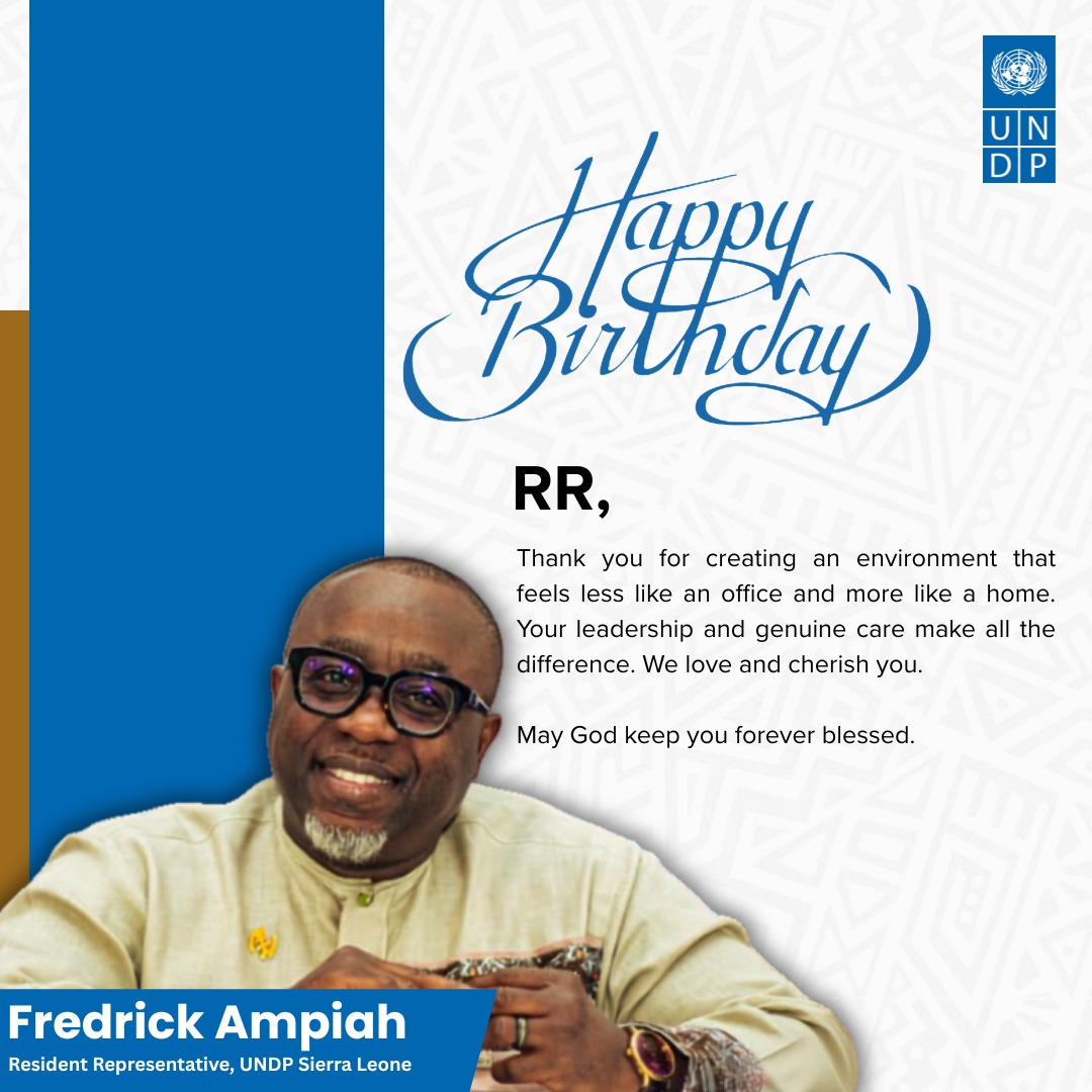 UNDPSierraLeone's tweet photo. We are honoured to celebrate our Resident Representative, @FredAmpiah.

Like a true navigator, your unconventional leadership turns heavy tides into smooth sailing, inspiring us to give our best to every project and the people we serve.

We wish you another year of success as we continue advancing the Sustainable Development Goals together. 🎂🎈