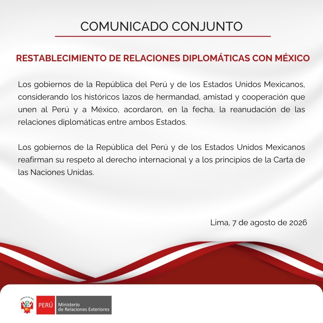 CancilleriaPeru's tweet photo. 📄Comunicado Conjunto: Restablecimiento de Relaciones Diplomáticas con México. 

👉 https://t.co/yFcJUDRV5c https://t.co/eAnVC0RIU5