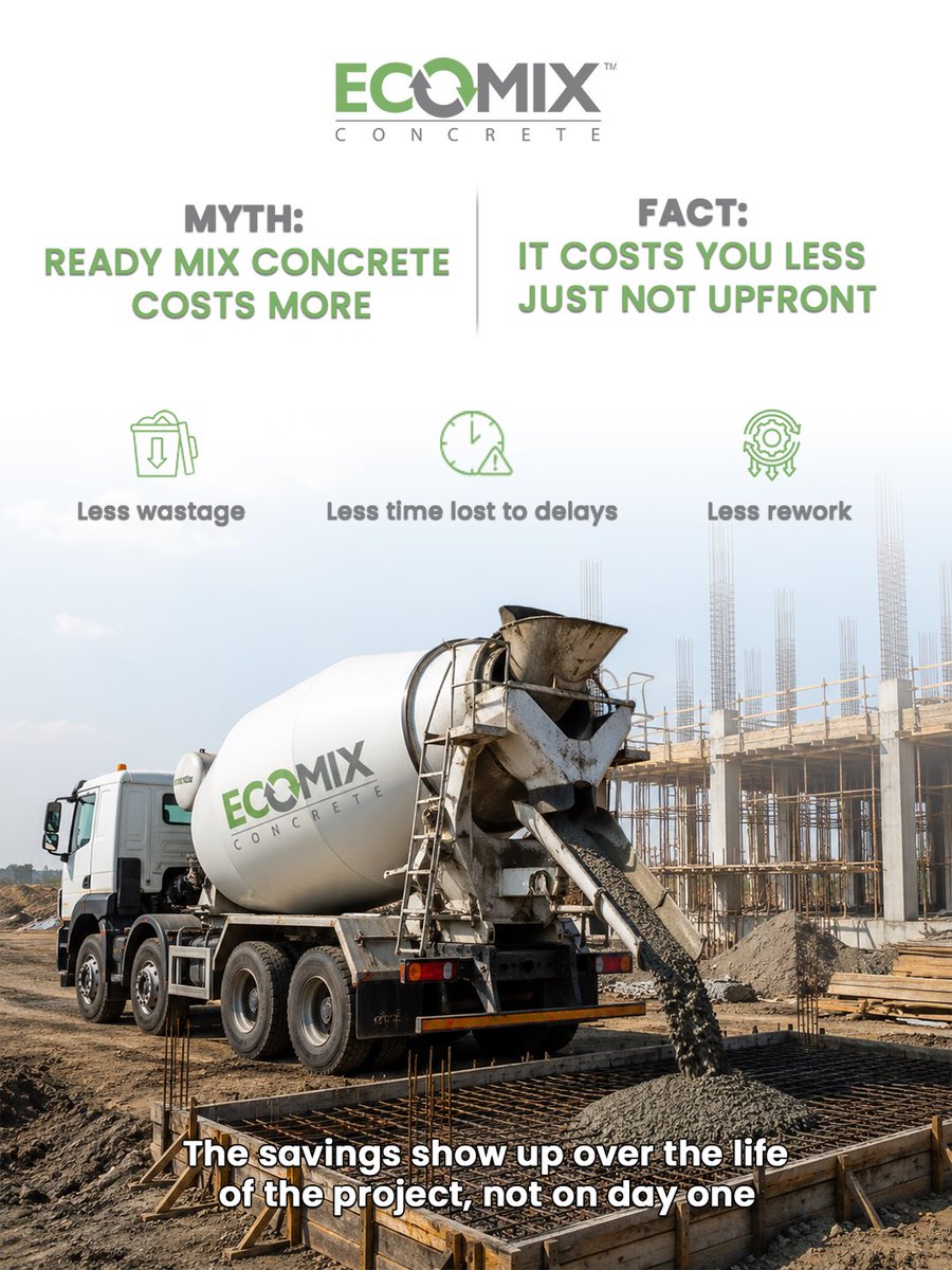 ecomix_india's tweet photo. Think Ready Mix Concrete costs more than site-mixed? 

Here’s what the math actually looks like once you account for wastage, rework, and time. Numbers rarely lie.

#ReadyMixConcrete #Construction #ConcreteFacts #EcomixConcrete https://t.co/zZDBxgqFpu