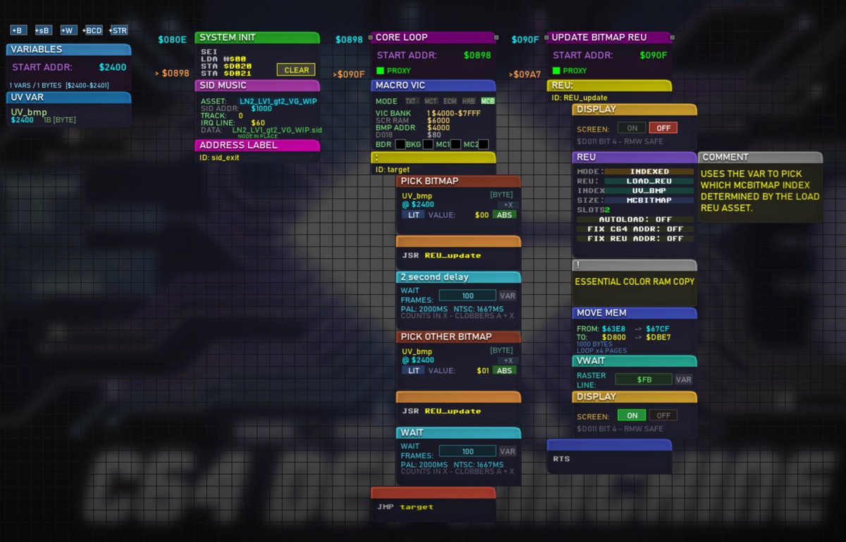 RoRamsay's tweet photo. This is a pretty BIG deal if you want REU in your #C64  Game be it #VICE64 or #C64ULTIMATE (anything supporting REU Virtually)...Reference the Bitmap via a VAR... 16MB REU can hold about 1638 Full MC bitmaps uncompressed. https://t.co/XIptfCQDch
