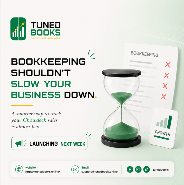 tunedbooks's tweet photo. TunedBooks is an all-in-one bookkeeping and compliance platform. 

Automatically records your sales, tracks profit, and invoices with payment details.

A smarter way to track your Chowdeck sales is almost here. LAUNCHING NEXT WEEK.

Get it now on Appstore/Playstore: TunedBooks https://t.co/wgGK3iXEes