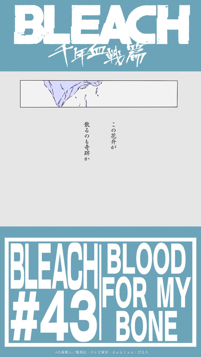 BLEACHanimation's tweet photo. /⋰
#𝟒𝟑「𝐁𝐋𝐎𝐎𝐃 𝐅𝐎𝐑 𝐌𝐘 𝐁𝐎𝐍𝐄」
予告壁紙プレゼント🎁
\⋱

✦日番谷冬獅郎
この花弁が 散るのも奇跡か

👇ダウンロードはこちら！
https://t.co/EJ7ydRERQ3

📺8/8㊏23:00テレ東系列にて放送

#BLEACH_anime https://t.co/7n6FVcT3YK