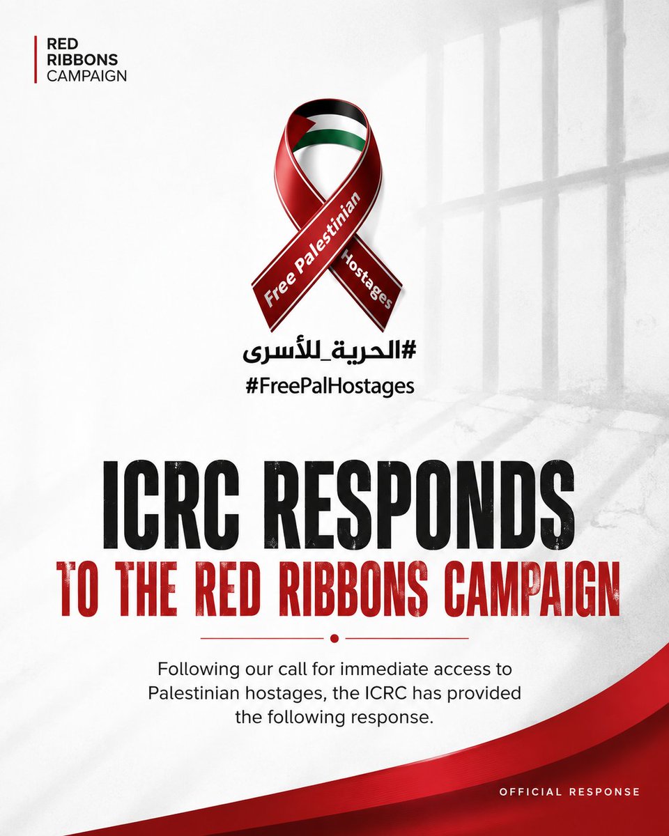 RedRibbonsCmpn's tweet photo. The ICRC has responded to the Red Ribbons Campaign.
Nearly two years after detention visits were suspended, the response offers no timeline for their resumption.
Read the response and tell us: Is dialogue enough?
#FreePalHostages #الحرية_للأسرى https://t.co/Qr3VF730Tm