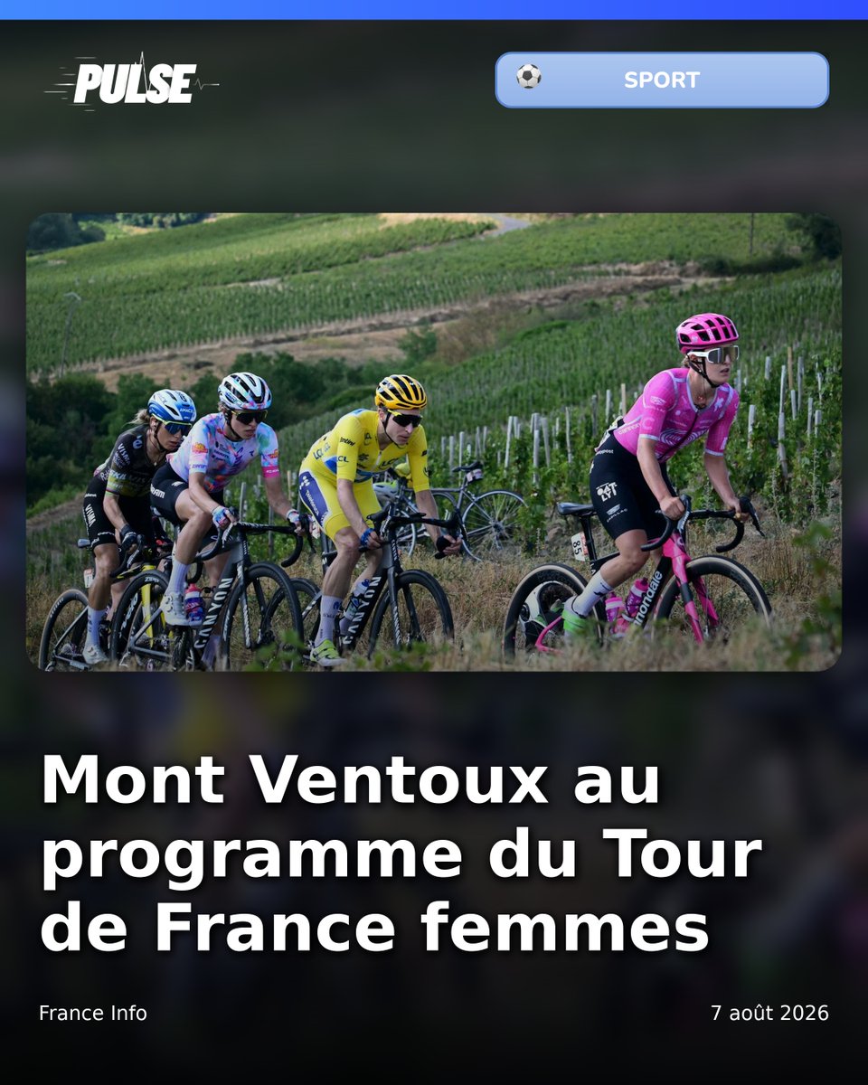 PULSEactus's tweet photo. 🏆🇫🇷 SPORT | Le peloton du #Tour de France #femmes s'attaquera pour la première fois au mythique mont Ventoux lors de cette étape reine.
🚴
(France Info) https://t.co/5AObsErY7d