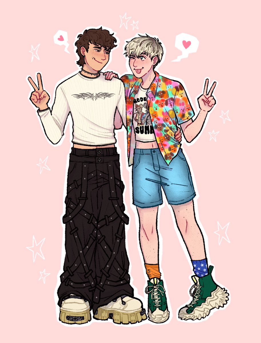 makingdemands's tweet photo. i commissioned @mostwantedyke because i wanted to live out my hedonistic fantasy of playing dress up with dan and phil with fun items of my choosing from their closet and she made my dreams come true 🙂‍↕️🙂‍↕️ clowncore bf x goth bf both dressed for different weather <3 https://t.co/NlItNgTbdP