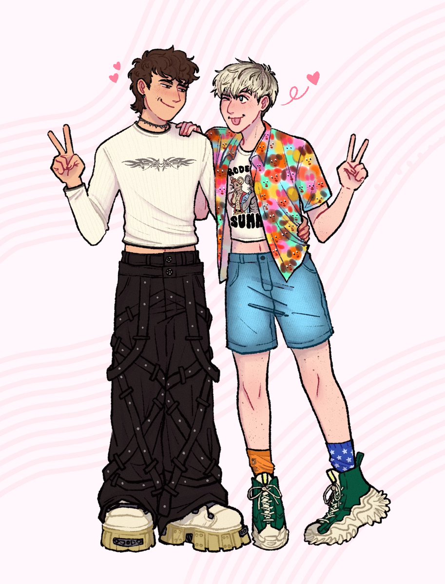 makingdemands's tweet photo. i commissioned @mostwantedyke because i wanted to live out my hedonistic fantasy of playing dress up with dan and phil with fun items of my choosing from their closet and she made my dreams come true 🙂‍↕️🙂‍↕️ clowncore bf x goth bf both dressed for different weather <3 https://t.co/NlItNgTbdP