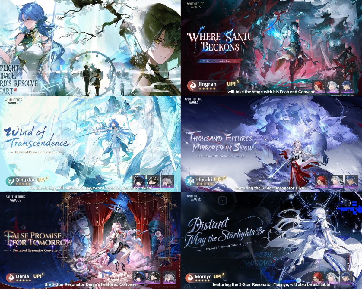 WuWa_Verse1's tweet photo. (3.6) Official Banners:

➢Phase 1: Qingxiao &amp; Denia
➢Phase 2: Jingran, Hiyuki &amp; Mornye

#WutheringWaves https://t.co/KSYSxkdGQz