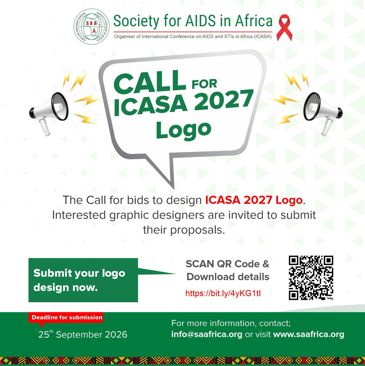 icasa_conf's tweet photo. 🎨 Are you a graphic designer with a passion for impact?
SAA is calling for bids for the official #ICASA2027 Logo Design!
This is your opportunity to create a visual identity that will represent Africa's largest HIV/AIDS conference in Cotonou, Benin and be seen by thousands across the globe.

📩 Interested? Submit your proposal today!
🔗 https://t.co/Dr5l6LssDO
📅 Deadline: 25th September 2026

#ICASA2027 #CallForBids #GraphicDesign #SAA #EndAIDS #Benin