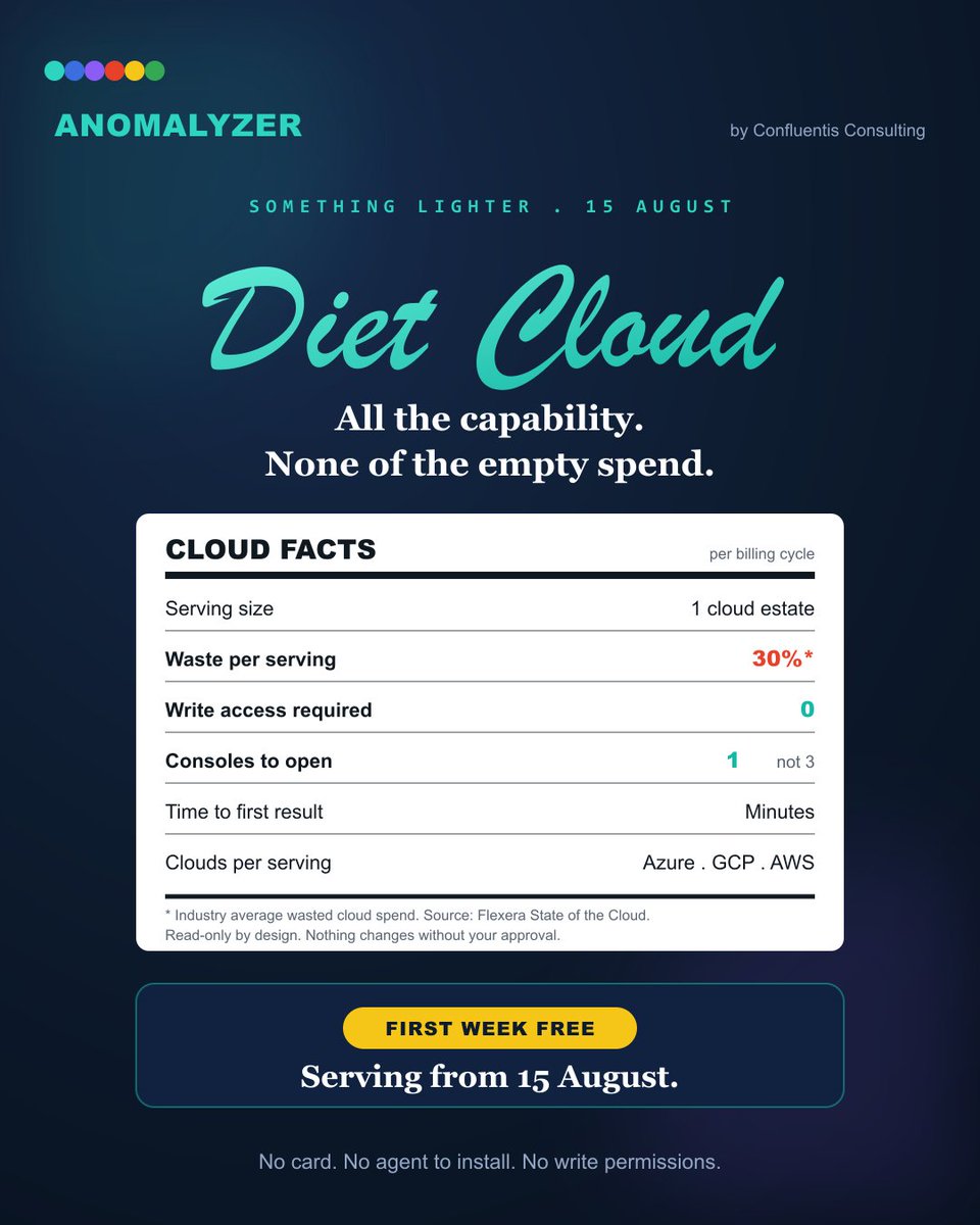 PMoChronicles's tweet photo. The most underrated feature in cloud optimization is not touching your infrastructure.

Everyone wants write access.

We wanted read-only.

Same performance.
Same headroom.
Just stop paying for the 30% of your cloud estate that was "never doing anything".

The safest optimization is the one that cannot break production on a Friday evening.

Launching 15 Aug. First week free.
