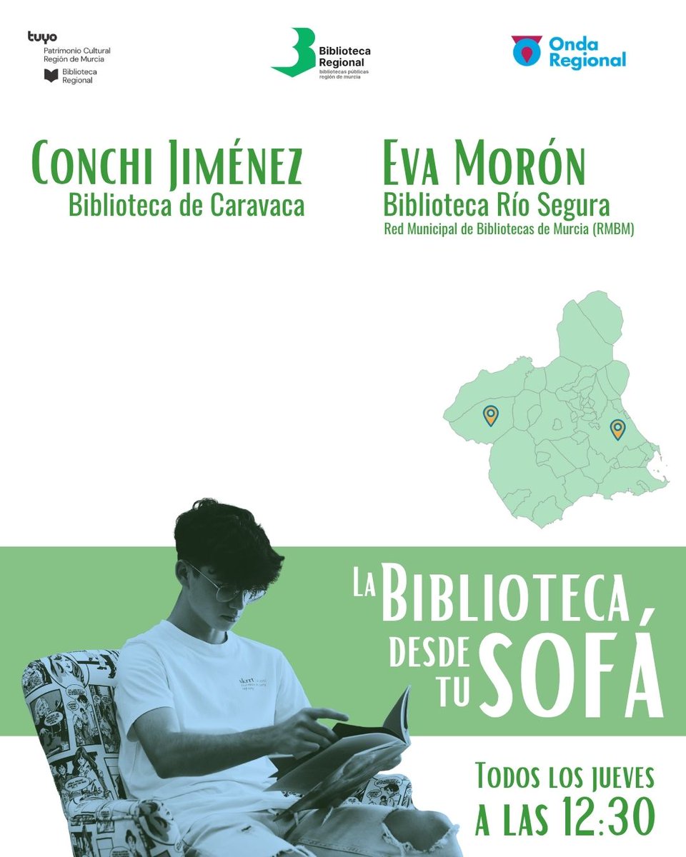 brmu's tweet photo. La semana pasada #LaBibliotecaDesdeTuSofá viajó a #Caravaca
🎙️ Conchi Jiménez
📙Kokoro / Natsume Söseki
📙La tempestad / Juan Manuel de Prada
https://t.co/ZqaQWvHD1h
Ayer visitamos la Biblioteca Río Segura, una de las bibliotecas de la @RMBM17 abiertas este mes (lunes a viernes de 8:30 a 14:30).
Otras bibliotecas municipales abiertas en agosto son Beniaján, Cabezo de Torres, Espinardo, José Saramago, La Alberca y Santiago el Mayor
🎙️Eva Morón
📙La felicidad es un té contigo / Mamen Sánchez https://t.co/ZMi5OMywuc
Cada semana en el @MiradorORM de Onda Regional de Murcia, nuevas recomendaciones desde las bibliotecas de la @regiondemurcia
#Podcast disponibles en la web de @ORMurcia
Reseñas y audios en la web de la @BRMU, apartado Conócenos > Recomendaciones 🎛